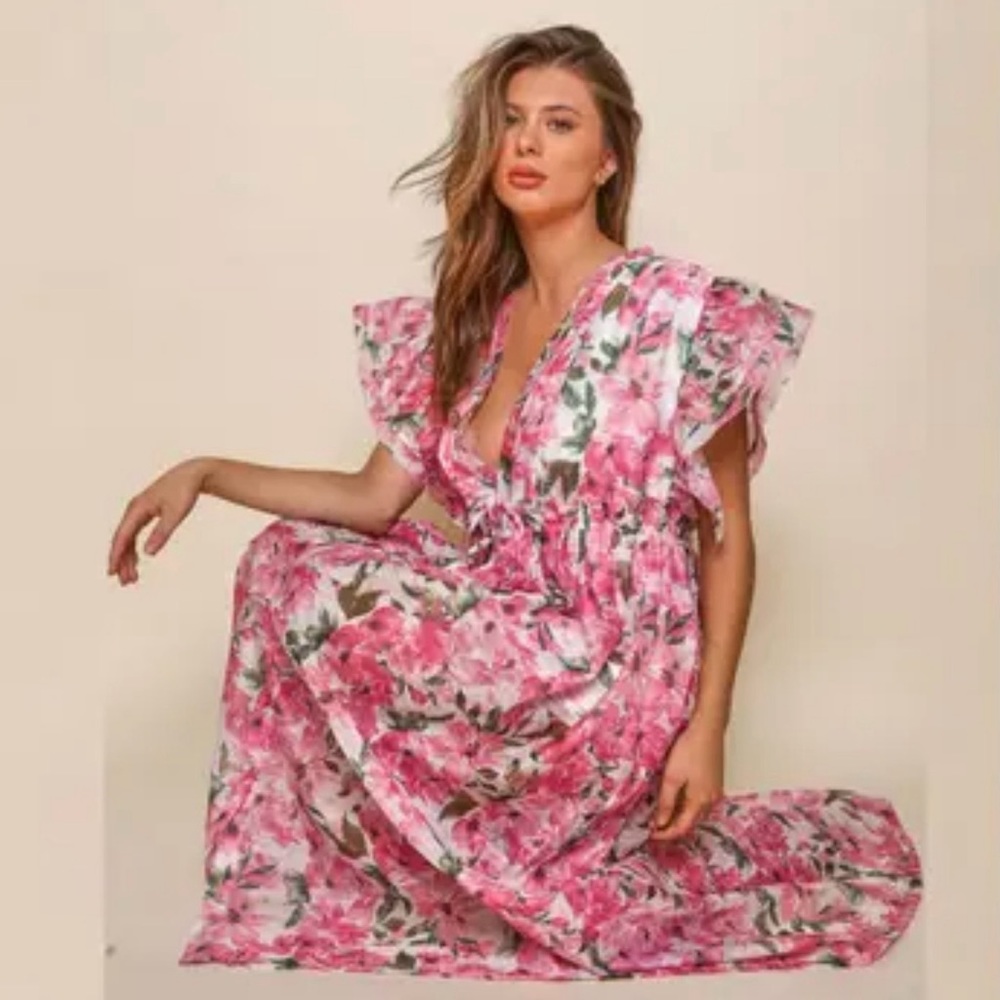 vestique Pink Floral Maxi Dress with Green Leaf Print